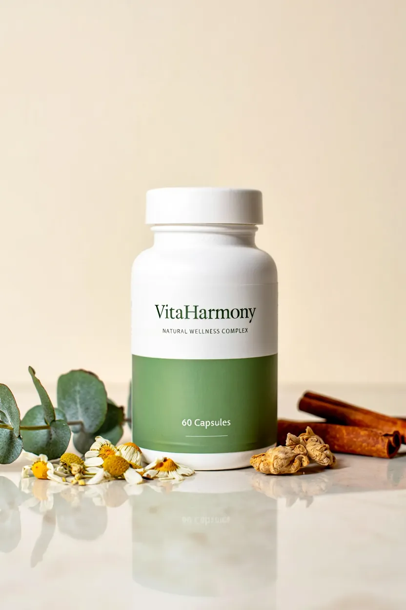 VitaHarmony Natural Wellness Complex bottle with herbal ingredients displayed around it